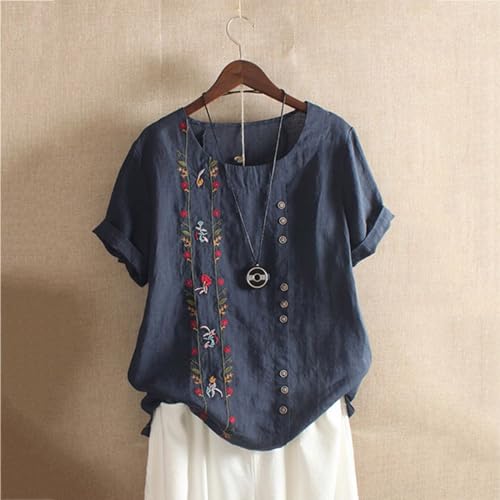 Womens Cotton Linen Short Sleeve Tops Casual Crew Neck T Shirts Embroidered Blouse Plus Size Loose Fit Summer Tunics