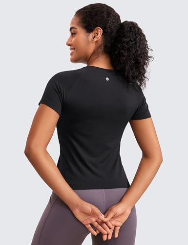 CRZ YOGA Seamless Short Sleeve Shirts for Women Breathable Running Workout Tops Athletic Gym Yoga Basic T-shirts Black XX-Small