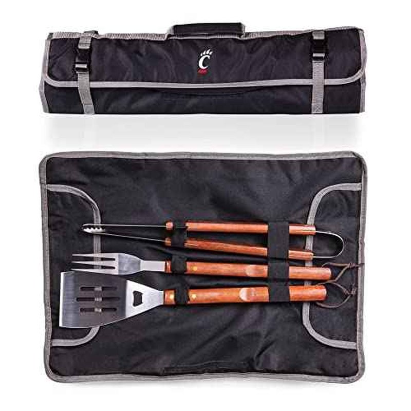 PICNIC TIME NCAA Cincinnati Bearcats 3-Piece BBQ Tote & Grill Accessories Set, Outdoor Gril Set with Case, BBQ Spatula, BBQ Fork, and BBQ Tongs, (Black with Gray Accents)