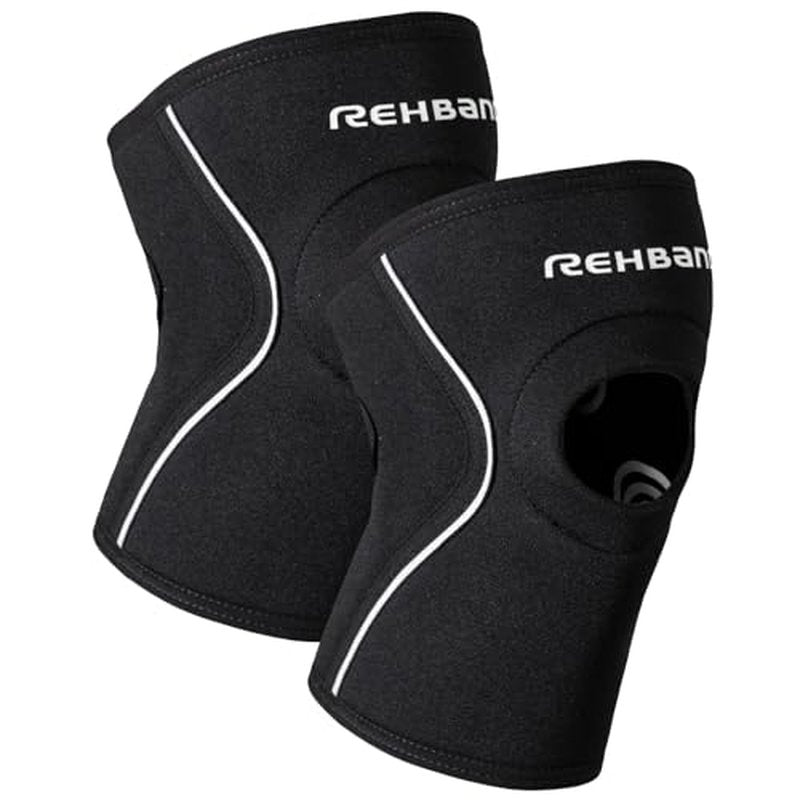 Rehband Open Patella Knee Brace 5mm Neoprene, Supportive Knee Sleeve with Patella Support, Knee Protection for Strength Training, Jogging & Fitness, Colour:Black - 1 Pair, Size:X-Small