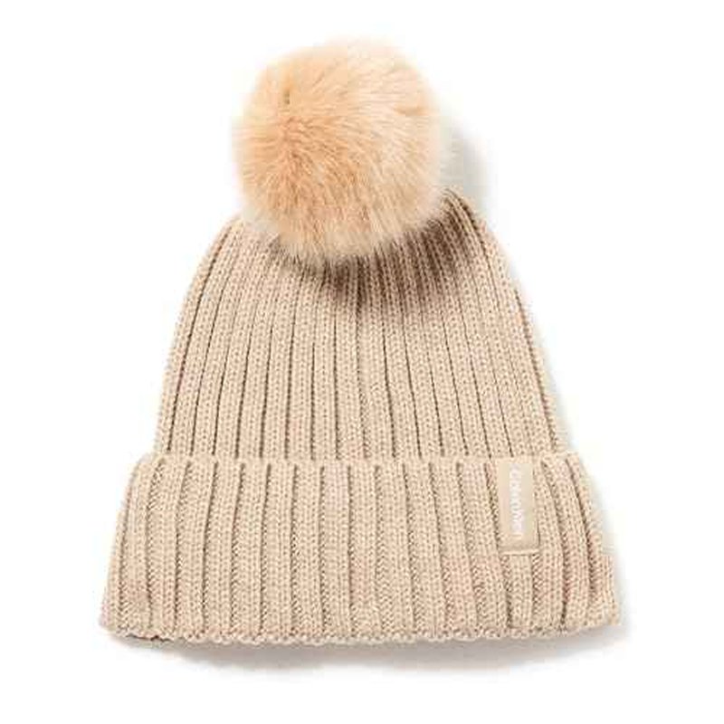 Calvin Klein Womens Faux Fur Pom Pom Knit Beanie Cold Weather Super Soft Hat