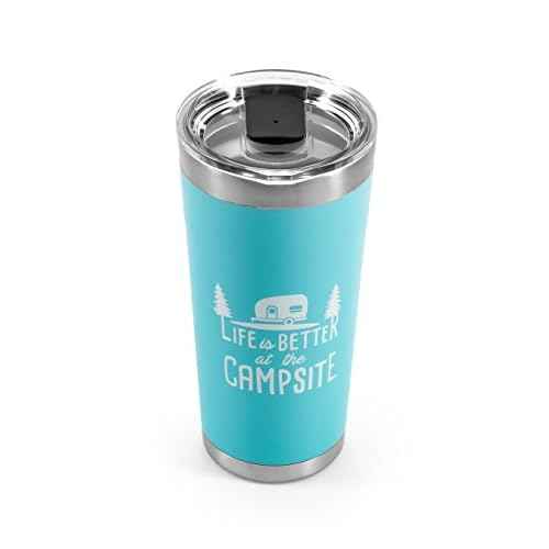 Camco Life is Better at The Campsite Tumbler | Heavy Duty Double Wall Vacuum Insulation | Crafted of 18/8 Stainless Steel | Unique ¡°Life is Better at The Campsite¡± Design on Cool Blue | 20-oz (53057)