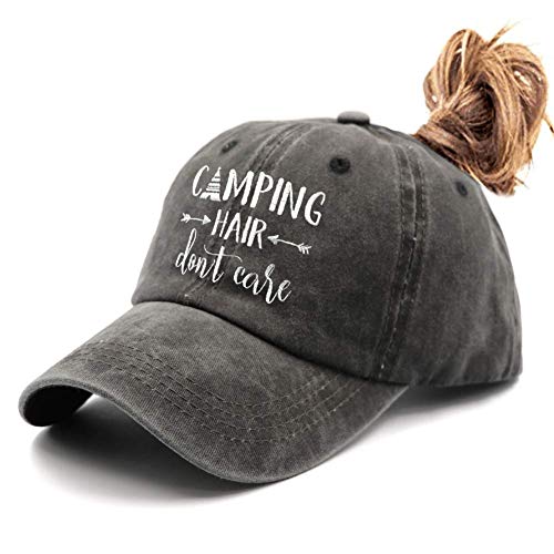 Waldeal Womens Embroidered Camping Hair Don't Care Ponytail Hat Adjustable Glamping Baseball Cap Black