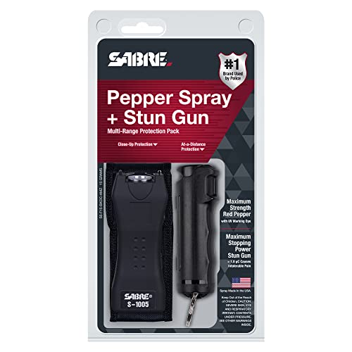 SABRE Pepper Spray & 2-in-1 Stun Gun with Flashlight, Self Defense Kit, Fast Flip Top Safety, Finger Grip for Better & Faster Aim, Painful 1.60 µC Charge, 120 Lumen LED Light, Rechargeable, 0.54 fl oz