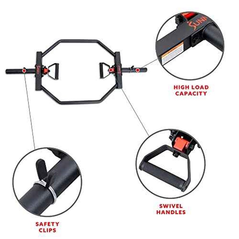 Sunny Health & Fitness Strength Training Olympic Hex Bar Barbell, High Load Capacity, Swivel Handles, Safety Clips, Knurled Handles for Deadlifts, Shoulder Presses, Shrugs, Back Rows, Weightlifting