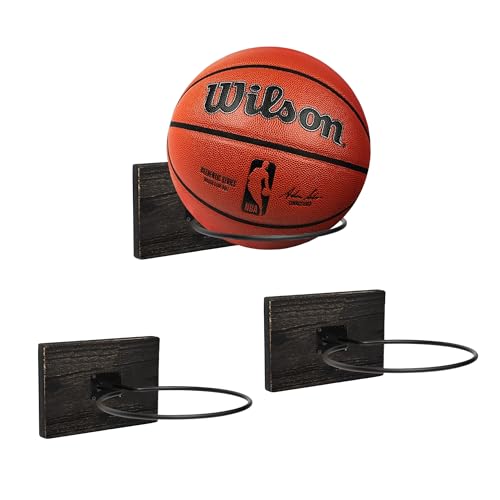 GENMOUS Set of 3 Wood Basketball Holder Wall Mount Display for Boys Room Decor, Metal Ball Rack Display Stand for Basketball Football Volleyball Storage, Basketball Rack Sports Decor for Boys Bedroom