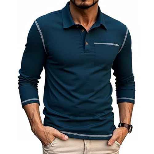 ZITY Men's Casual Long Sleeve Polo Shirts Classic Button Cotton Work T-Shirt Collared Basic Golf Shirt with Pocket
