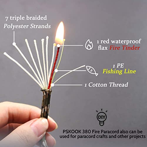 Survival Paracord Rope PSKOOK 100 Feet Fire Starter Parachute Cord 7-Strand Nylon with Red Tinder Cord PE Fishing Line Cotton Thread for Outdoor Lanyards, Bracelets, Handle Wraps (Black)