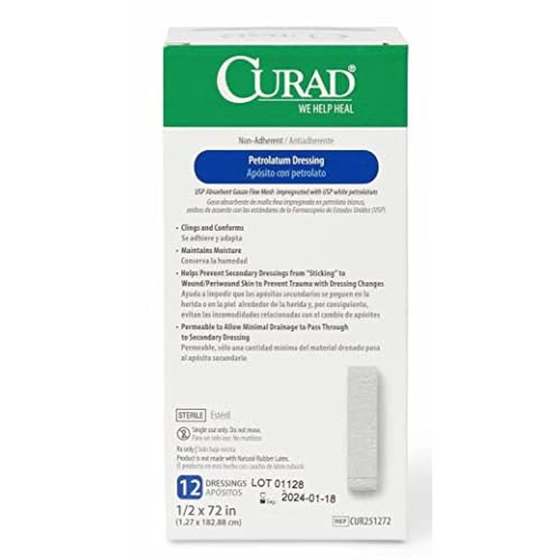 Medline CURAD Sterile Nonadherent Petrolatum Gauze Dressing, 1/2 Inch x 72 Inches, Ideal for Nondraining Wounds, Case of 72 Each