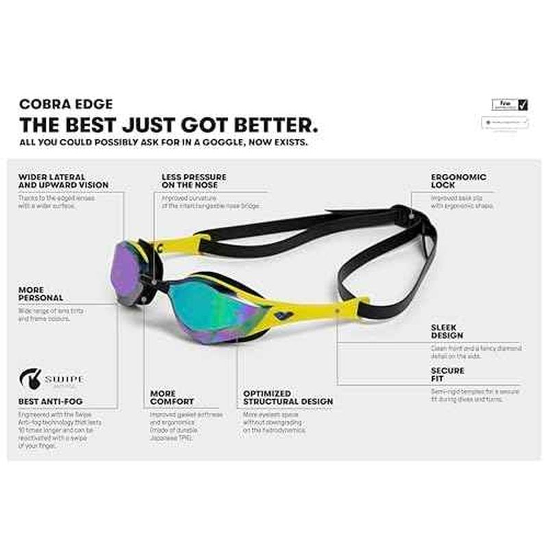 ARENA Unisex Cobra Edge Swipe Anti-Fog Racing Swim Goggles for Men and Women Polycarbonate Mirror/Non-Mirror Lens