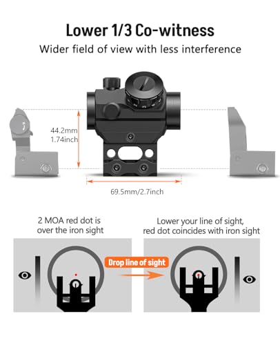 MidTen 2MOA Red Dot Sight 1x25mm Reflex Sight Waterproof & Shockproof & Fog-Proof Red Dot Scope, Mini Riflescope with 1 inch Riser Mount, Black