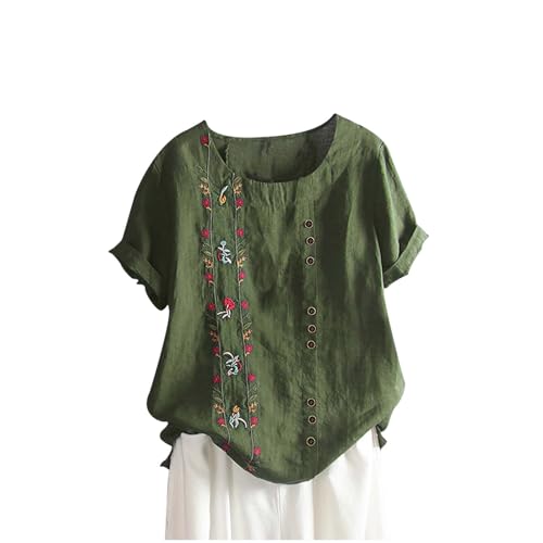 Womens Cotton Linen Short Sleeve Tops Casual Crew Neck T Shirts Embroidered Blouse Plus Size Loose Fit Summer Tunics