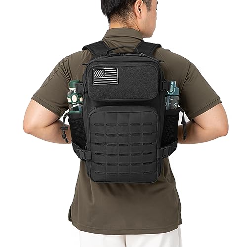 QT&QY Military Tactical Backpacks For Men Army Molle Daypack 45L Large 3 Day Bug Out Bag Gym Rucksack With Bottle Holder Black Camo