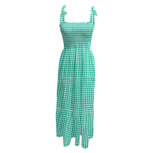 Summer Dress Deals Women's 2024 Summer Casual Dress Boho Tie Shoulder Smocked Dress Elastic Waist Tiered Plaid Midi Dress,Summer Clothes Green