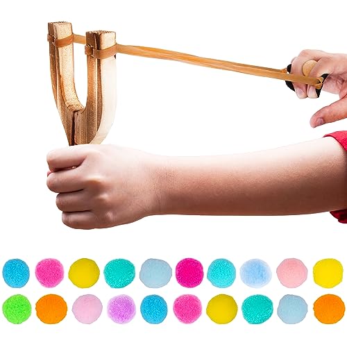 ArtCreativity Wooden Slingshot with 20 Cotton Balls - Wood Slingshot for Kids - Shoots Balls Up to 10 Feet - Soft Balls for Safe Play - Wooden Catapult Outdoor Toys for Kids - Strong Sling Shot Kit