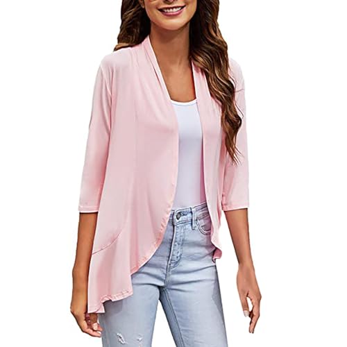 Generic Women's 3/4 Sleeve Cardigan Summer Lightweight Cardigans Solid Draped Front Open Tops Casual Comfy Going Out Shirts Women's Shrug