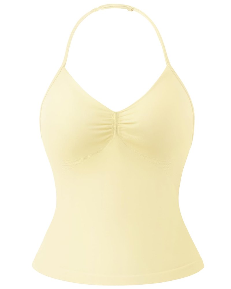 SUUKSESS Impact Longline Strappy Top Halter Workout Top for Women Padded Backless Sport Gym Tank with Adjustable Strap (Pale Yellow, XS)