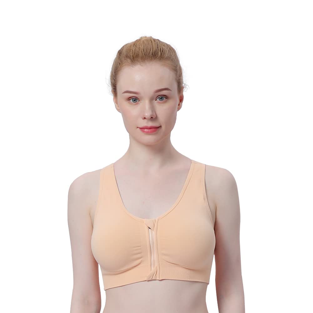 Women's Zip Front Sports Bra - Wireless, Padded, Racerback, Running, Yoga, Seamless Mastectomy Bra - Post-Surgery Zipper Closure