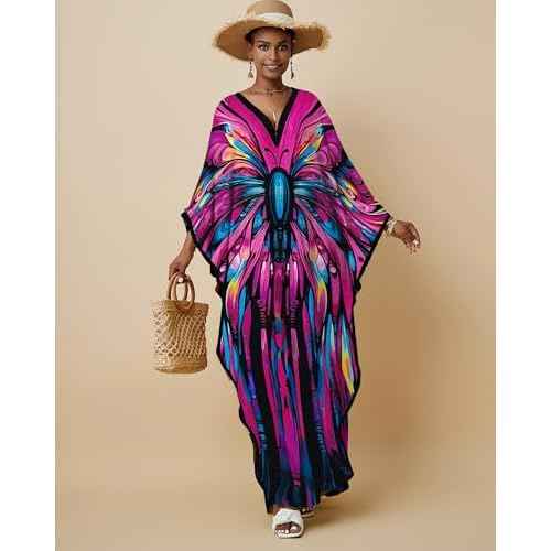 Bsubseach Kaftan Dresses for Women Floral Print Caftans Bathing Suit Cover Ups Plus Size Long Beach Coverup Dress