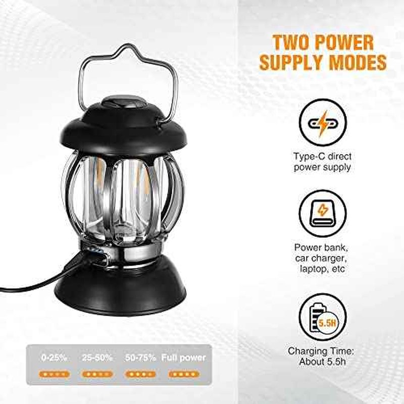 EverBrite Camping Lantern Rechargeable, Retro Metal Camping Light, 4400mAh Battery Powered Hanging Vintage Camping Lamp, 3 Light Modes, Outdoor Tent Light, Emergency Lantern for Power Outage - Black