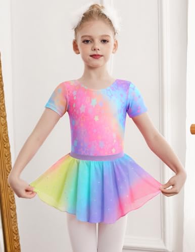Zaclotre Girls Ballet Leotard with Skirt Toddler Dance Outfit Rainbow Star 6-7Y