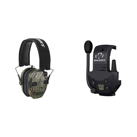 Walker's Razor Slim 23Db Quad Muff Bundle With Razor Walkie Talkie Attachment for Shooting Muffs, 22 Channel 3 Mile Range