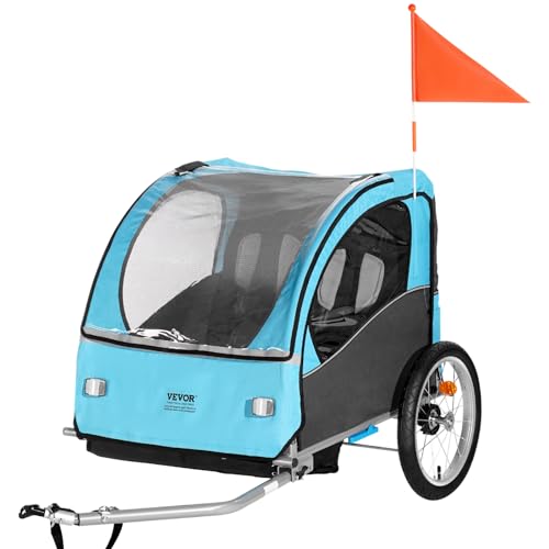 VEVOR Bike Trailer for Toddlers, Kids, Double Seat, 110 lbs Load, Tow Behind Foldable Child Bicycle Trailer with Universal Bicycle Coupler, Canopy Carrier with Strong Carbon Steel Frame, Blue and Gray