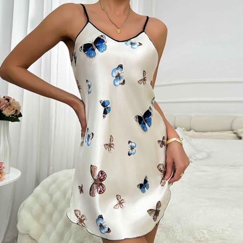 Womens Nightdress Fashion Print Sexy Backless Ice Silk Sling Pajamas Dresses Nightgowns Chemise Sleepwear Lingerie Style006 White Small