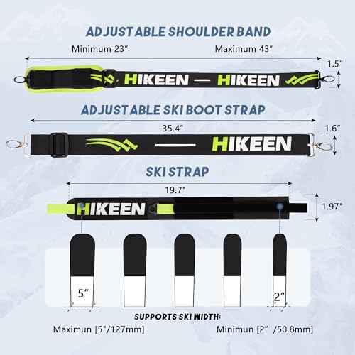 Hikeen Ski Carrier Straps, Poles and Boot Skis Straps with Adjustable Anti-Slip Shoulder Slings & Metal Buckle and Swivel Hook for Men Women Kids