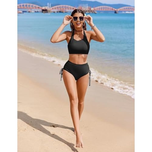 AI'MAGE Womens High Waisted Bikini Sets Cheeky Push Up Two Piece Swimsuits Drawstring Halter Tummy Control Bathing Suit
