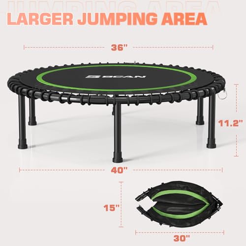 BCAN 40" Foldable Mini Trampoline, Silent Bungee Cord, Stable & Quiet Exercise Rebounder for Kids Adults Indoor/Garden Workout Max 450 LBS - Green