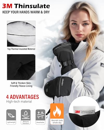 Clivetalos Winter Snow Ski Mittens for Men Women- Snowboard Mittens Waterproof Cold Weather Insulated Mitts Snow Sports Black M-L