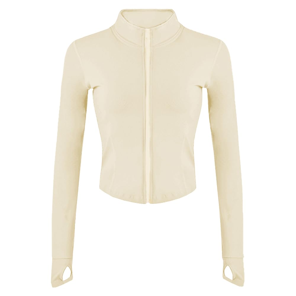 Lviefent Womens Lightweight Full Zip Running Track BBL Jacket Workout Slim Fit Yoga Sportwear with Thumb Holes (Apricot, Medium)