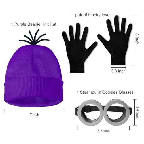 3 Pcs Halloween Costume Accessories Adult,Purple Beanie/Goggles Glasses/Gloves for Women Men Cosplay Party Set