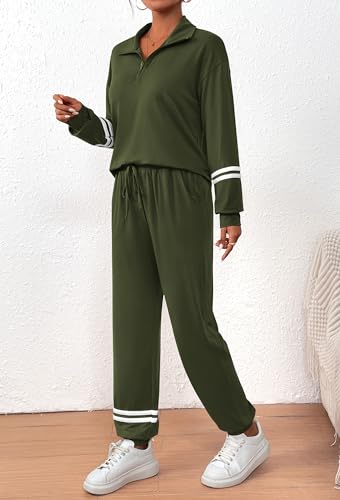 PRETTYGARDEN Women's 2 Piece Tracksuit Sets Striped 1/4 Zip Pullover Tops Long Pants Sweatsuit Outfits (Army Green,Small)