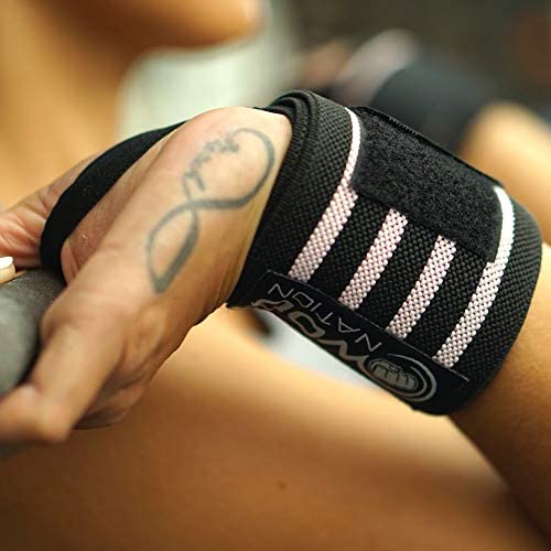 WOD Nation Wrist Wraps for Weightlifting, 12” Professional Gym Wrist Straps w/Thumb Loop for Men & Women, Wrist Support Wraps for Strength Training, Powerlifting & Bodybuilding (Black/Pink)