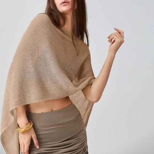 Women Sheer Knit Poncho Y2k See Through Shrug Crochet Mesh Cover Up Lightweight Asymmetrical Beach Shawl Cape Top