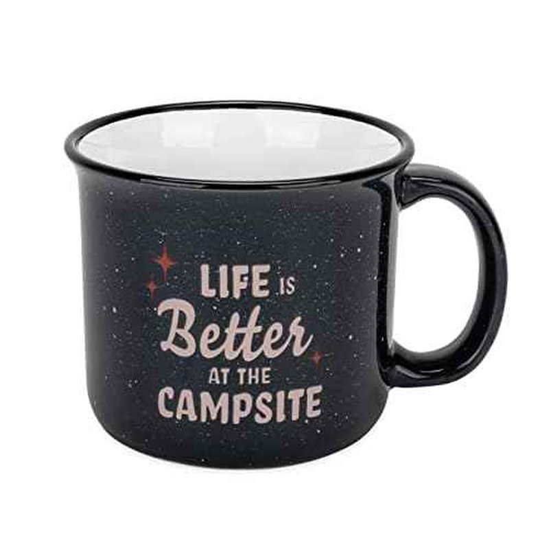 Camco Life is Better at The Campsite Ceramic Coffee Mug - Microwave and Dishwasher Safe - Features Speckled Blue Background with Life is Better at the Campsite Design - Coffee Cup Holds 14oz. (53473)