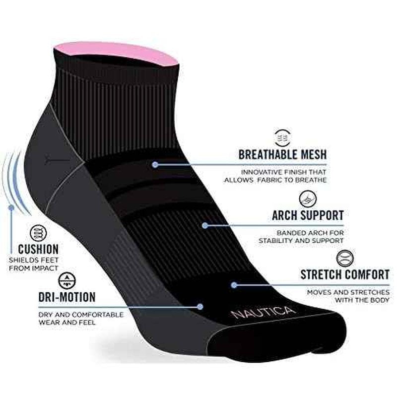 Nautica Women's Quarter Cut Moisture Control Athletic Socks with Cushioned Comfort (12 Pack)