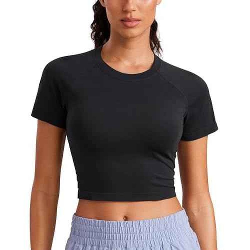 CRZ YOGA Seamless Crop Workout Tops for Women - Athletic Running Gym Yoga Short Sleeve Shirts Basic