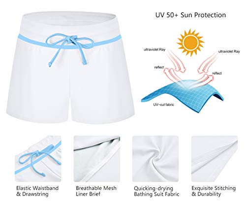 ChinFun Board Shorts Women's Swimswear Tankini Swim Briefs Side Split Swimsuit Bottom Waistband Stretch Boardshorts Beach Trunks Inner Lining White & Sky Blue Size L