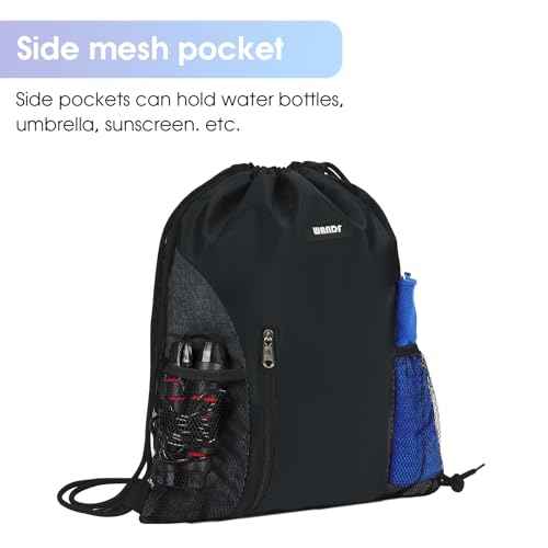 WANDF Drawstring Backpack Sports Gym Sackpack with Mesh Pockets Water Resistant String Bag for Women Men(Black)