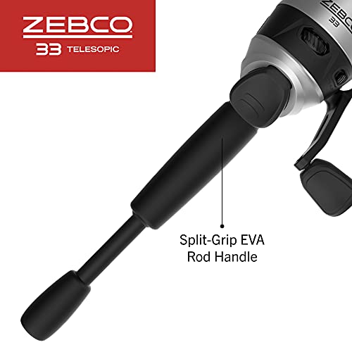 Zebco 33 Spincast Reel and Telescopic Fishing Rod Combo, Extendable 22.5-Inch to 6-Foot E-Glass Fishing Pole, Size 30 Reel, Quickset Anti-Reverse Fishing Reel with Bite Alert, Silver/Black