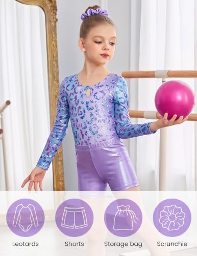 Arshiner Girls Gymnastics Leotard Set 6-7 Years Purple Leopard Long Sleeve Tumbling Outfit
