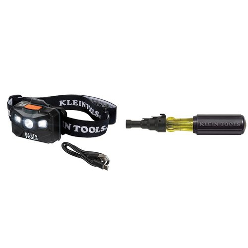Klein Tools 56048 Rechargeable Auto-Off LED Headlamp, Adjustable Fabric Strap, 400 LMS & 85191 Screwdriver/Conduit Reamer, Conduit Fitting and Reaming Screwdriver for 1/2-Inch