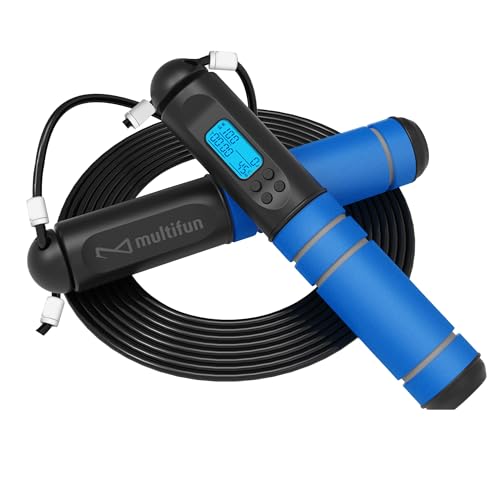 Jump Rope, multifun Speed Skipping Rope with Calorie Counter, Adjustable Digital Counting Jump Rope with Ball Bearings and Alarm Reminder for Fitness, Crossfit, Exercise, Workout, Boxing, MMA, Gym (Blue)