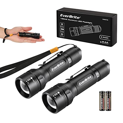 EverBrite 2-Pack 150 Lumens Super Small Mini LED Flashlight, Zoomable Flashlight with Lanyard&Clip, 3 Modes, IPX4 Waterproof, for Camping Hiking, Emergency, EDC, Survival Use, 2 AA Batteries Included