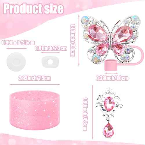 5pcs Pink Stanley Cup Accessories Set, Including Butterfly Straw Topper, Sparkly Silicone Boot, Stoppers Spill Proof, Shiny Charm Fits Stanley 40&30 Oz Tumbler with Handle