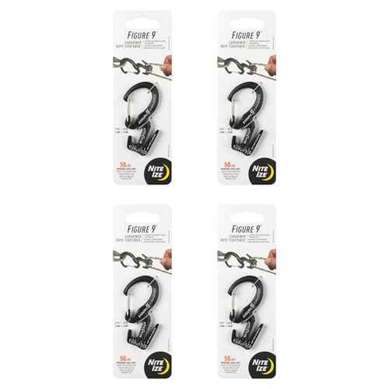 Nite Ize Figure 9 Carabiner Rope Tightener - Heavy-Duty Carabiner Clip - Cord & Rope Tightener with Wire Gate - Carabiner Camping Accessories & Tent Essentials - Small, Black (4 Pack)