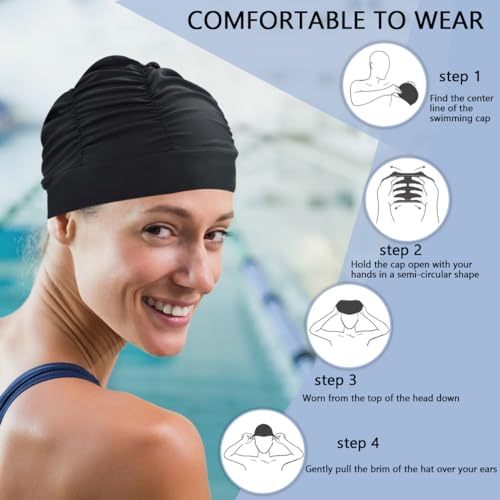 Ewanda store Colorful Pleated Nylon Cloth Swim Cap Large Swimming Cap Hot Spring Bathing Caps for Adult Men Women Long Hair(Black)